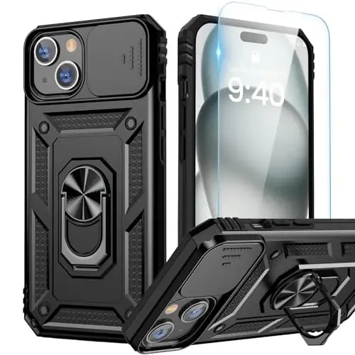 Goton iPhone 15 Plus uchun ekran himoyachisi bilan g'ilof - Slaydli kamera qopqog'i, halqali tirgakli himoya telefon g'ilofi, iPhone 15 Plus aksessuarlari uchun zarbaga chidamli mustahkam bamper, qora 