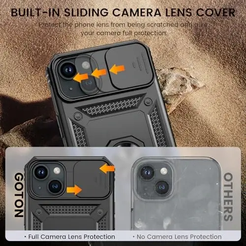 Goton iPhone 15 Plus uchun ekran himoyachisi bilan g'ilof - Slaydli kamera qopqog'i, halqali tirgakli himoya telefon g'ilofi, iPhone 15 Plus aksessuarlari uchun zarbaga chidamli mustahkam bamper, qora - 3