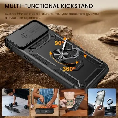 Goton iPhone 15 Plus uchun ekran himoyachisi bilan g'ilof - Slaydli kamera qopqog'i, halqali tirgakli himoya telefon g'ilofi, iPhone 15 Plus aksessuarlari uchun zarbaga chidamli mustahkam bamper, qora - 4