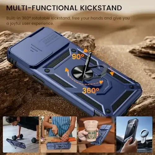 Goton for iPhone 15 Pro Max Case with Screen Protector - Slide Camera Cover Protective Phone Case with Ring Stand, Heavy Duty Shockproof Rugged Bumper for iPhone 15 Promax Accessories Blue - 4