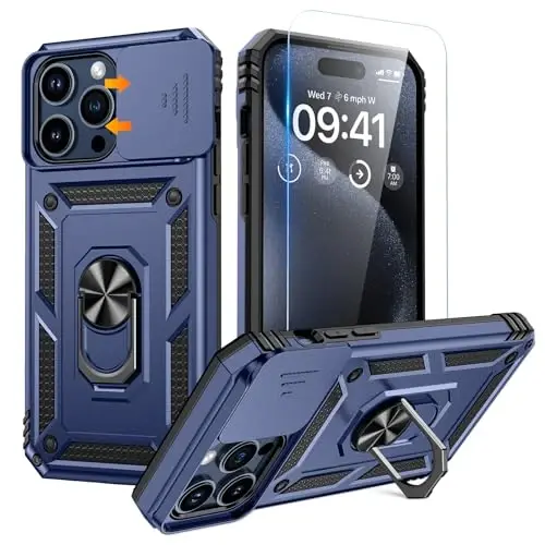 Goton for iPhone 15 Pro Max Case with Screen Protector - Slide Camera Cover Protective Phone Case with Ring Stand, Heavy Duty Shockproof Rugged Bumper for iPhone 15 Promax Accessories Blue 