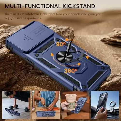 Goton for iPhone 15 Pro Max Case with Screen Protector - Slide Camera Cover Protective Phone Case with Ring Stand, Heavy Duty Shockproof Rugged Bumper for iPhone 15 Promax Accessories Blue - 4