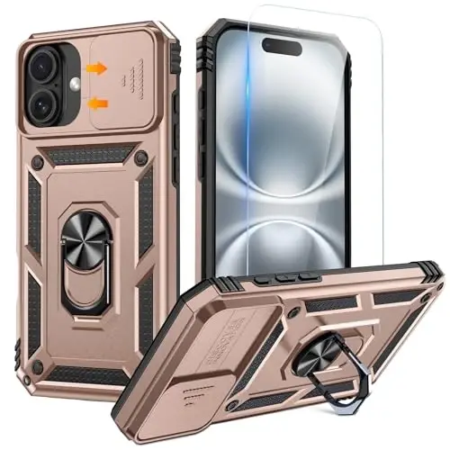 Goton iPhone 16 Plus uchun ekran himoyachisi bilan mos keladigan g'ilof - Suriladigan kamera qopqog'i Himoya telefon g'ilofi Ring Stand bilan, iPhone 16 Plus aksessuarlari uchun og'ir zarbga chidamli mustahkam bamper, pushti oltin - GOTON