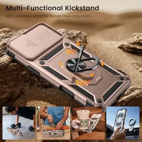 Goton iPhone 16 Plus uchun ekran himoyachisi bilan mos keladigan g'ilof - Suriladigan kamera qopqog'i Himoya telefon g'ilofi Ring Stand bilan, iPhone 16 Plus aksessuarlari uchun og'ir zarbga chidamli mustahkam bamper, pushti oltin - 5