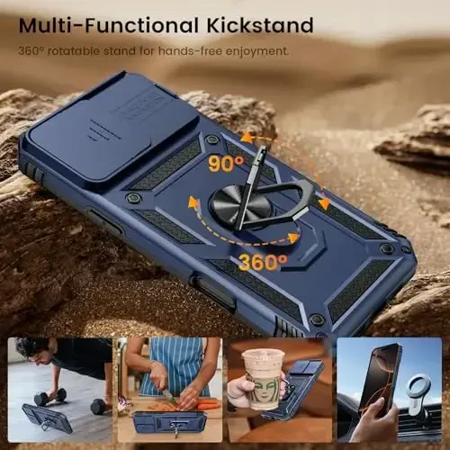 Goton iPhone 16 Pro Max uchun mos keladigan ekran himoyachisi bilan g'ilof - Slayd kamerali himoya telefon g'ilofi, halqali tayanch, og'ir yuk ko'taruvchi zarbga chidamli g'ilof iPhone 16 Promax uchun aksessuarlar ko'k - 5