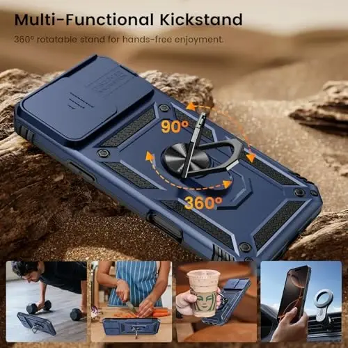 Goton iPhone 16 Pro Max uchun mos keladigan ekran himoyachisi bilan g'ilof - Slayd kamerali himoya telefon g'ilofi, halqali tayanch, og'ir yuk ko'taruvchi zarbga chidamli g'ilof iPhone 16 Promax uchun aksessuarlar ko'k - 5