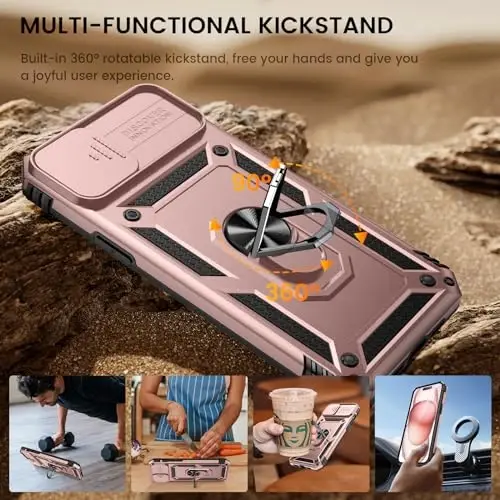 Goton iPhone 16 uchun mos keladigan ekran himoyachisi bilan g'ilof - Slayd kamerali qopqoqli himoya telefon g'ilofi halqa stend bilan, og'ir yuk ko'taruvchi zarbga chidamli mustahkam bamper iPhone 16 aksessuarlari uchun tilla rang - 4