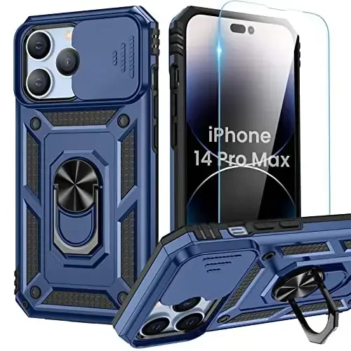 Goton Only for iPhone 14 Pro Max Case with Screen Protector - Slide Camera Cover with Ring Stand, Heavy Duty Military Grade Shockproof Rugged Accessories for iPhone 14Promax Blue - GOTON