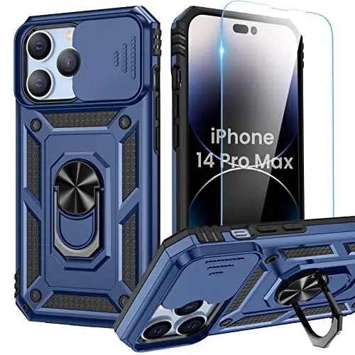 Goton Only for iPhone 14 Pro Max Case with Screen Protector - Slide Camera Cover with Ring Stand, Heavy Duty Military Grade Shockproof Rugged Accessories for iPhone 14Promax Blue - GOTON