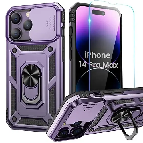 Goton Only for iPhone 14 Pro Max Case with Screen Protector - Slide Camera Cover with Ring Stand, Heavy Duty Military Grade Shockproof Rugged Accessories for iPhone 14Promax Dark Purple 