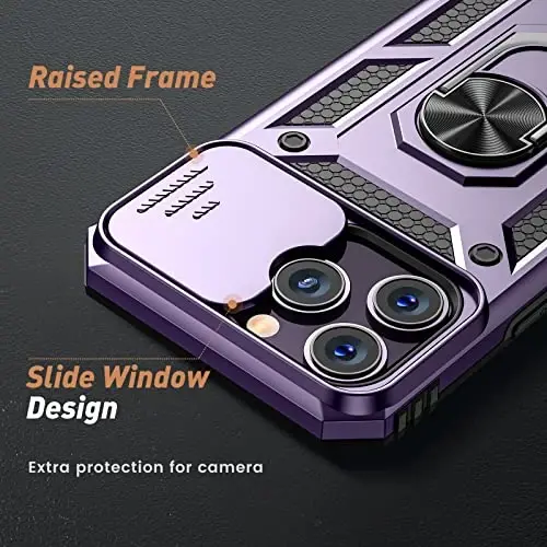 Goton Only for iPhone 14 Pro Max Case with Screen Protector - Slide Camera Cover with Ring Stand, Heavy Duty Military Grade Shockproof Rugged Accessories for iPhone 14Promax Dark Purple - 3