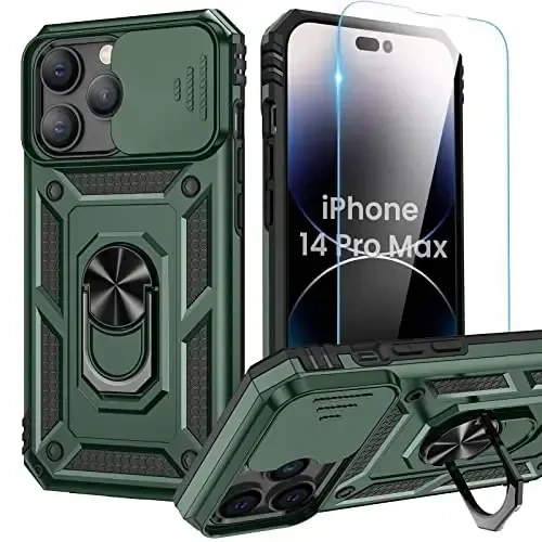 Goton Only for iPhone 14 Pro Max Case with Screen Protector - Slide Camera Cover with Ring Stand, Heavy Duty Military Grade Shockproof Rugged Accessories for iPhone 14Promax Green - 1