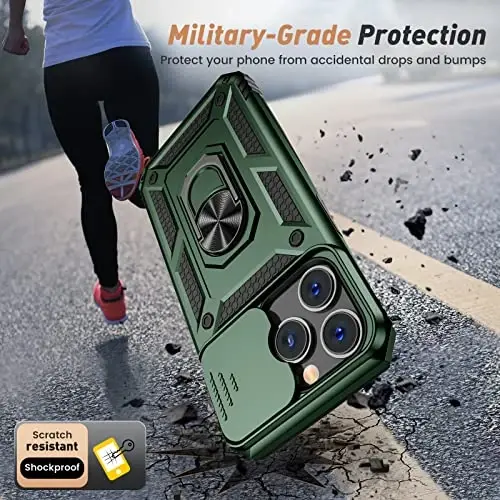 Goton Only for iPhone 14 Pro Max Case with Screen Protector - Slide Camera Cover with Ring Stand, Heavy Duty Military Grade Shockproof Rugged Accessories for iPhone 14Promax Green - 5