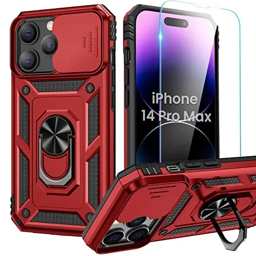 Goton Only for iPhone 14 Pro Max Case with Screen Protector - Slide Camera Cover with Ring Stand, Heavy Duty Military Grade Shockproof Rugged Accessories for iPhone 14Promax Red - GOTON