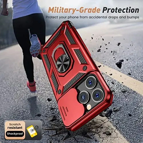 Goton Only for iPhone 14 Pro Max Case with Screen Protector - Slide Camera Cover with Ring Stand, Heavy Duty Military Grade Shockproof Rugged Accessories for iPhone 14Promax Red - 5