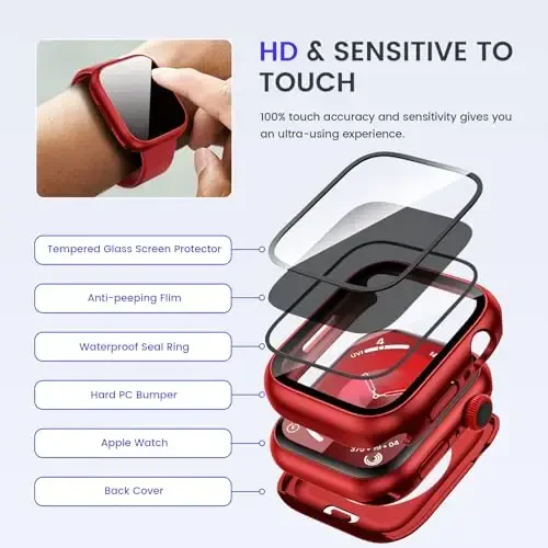 Goton Privacy Waterproof Case Apple Watch Screen Protector 46mm 42mm 45mm 44mm 41mm 40mm Ultra 2 49mm SE Series 10 9 8 7 6 5 4 uchun mos, Anti Spy Face Cover Back Bumper iWatch aksessuarlari - 6