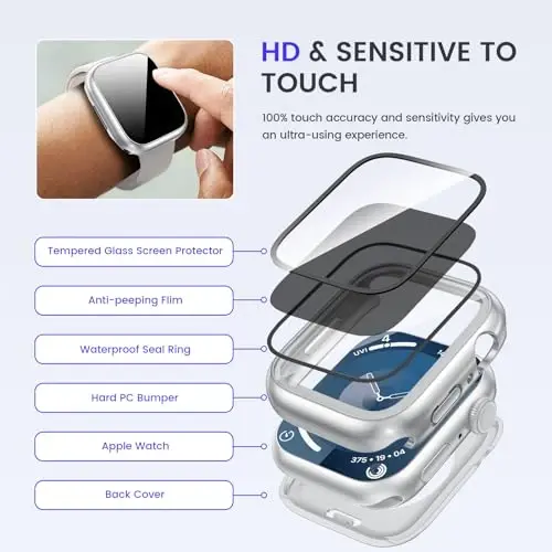 Goton Privacy Waterproof Case Apple Watch Screen Protector 46mm 42mm 45mm 44mm 41mm 40mm Ultra 2 49mm SE Series 10 9 8 7 6 5 4 uchun mos, Anti Spy Face Cover iWatch Accessories uchun orqa bamper - 6