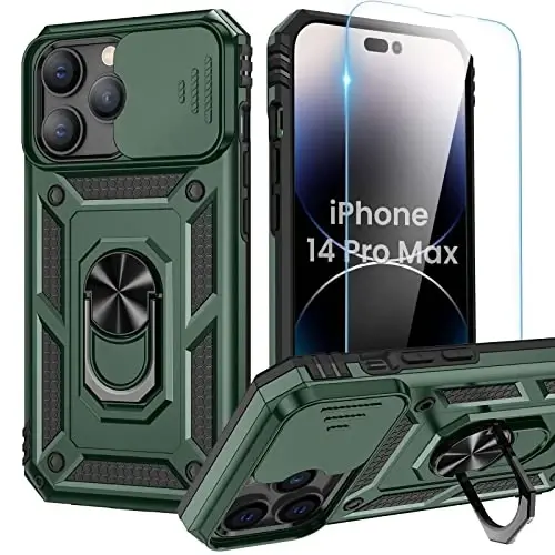 Goton Only for iPhone 14 Pro Max Case with Screen Protector - Slide Camera Cover with Ring Stand, Heavy Duty Military Grade Shockproof Rugged Accessories for iPhone 14Promax Green - GOTON