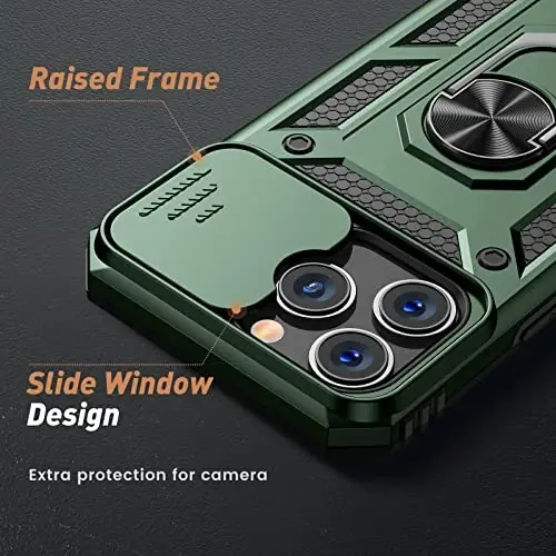 Goton Only for iPhone 14 Pro Max Case with Screen Protector - Slide Camera Cover with Ring Stand, Heavy Duty Military Grade Shockproof Rugged Accessories for iPhone 14Promax Green - 3