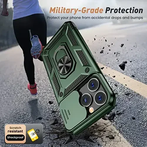Goton Only for iPhone 14 Pro Max Case with Screen Protector - Slide Camera Cover with Ring Stand, Heavy Duty Military Grade Shockproof Rugged Accessories for iPhone 14Promax Green - 5