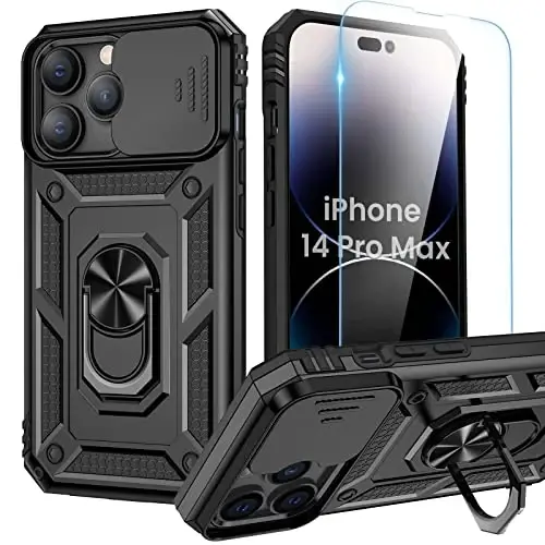 Goton Only for iPhone 14 Pro Max Case with Screen Protector - Slide Camera Cover with Ring Stand, Heavy Duty Military Grade Shockproof Rugged Accessories for iPhone 14Promax Black 