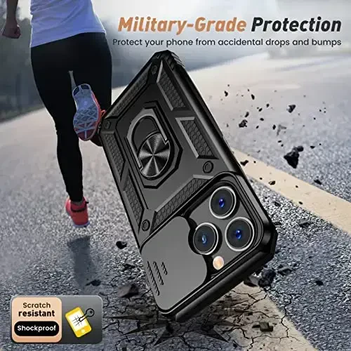 Goton Only for iPhone 14 Pro Max Case with Screen Protector - Slide Camera Cover with Ring Stand, Heavy Duty Military Grade Shockproof Rugged Accessories for iPhone 14Promax Black - 5