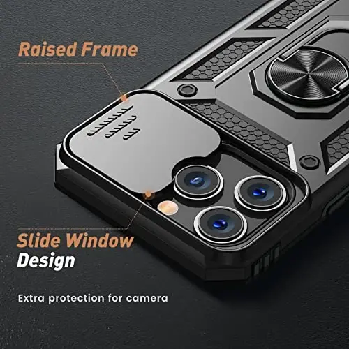 Goton Only for iPhone 14 Pro Max Case with Screen Protector - Slide Camera Cover with Ring Stand, Heavy Duty Military Grade Shockproof Rugged Accessories for iPhone 14Promax Black - 3