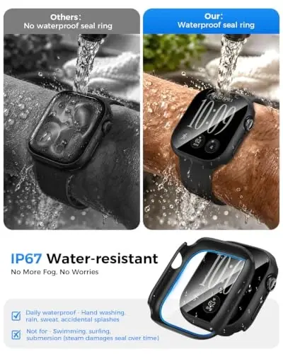 Goton Water-Resistant Screen Protector Case for Apple Watch 46mm Series 12 | Hard PC Case with Tempered Glass & Hollow Back Cover for Series 12 46mm, IP67 Waterproof & Anti-Fog Sensitive Touch - 3