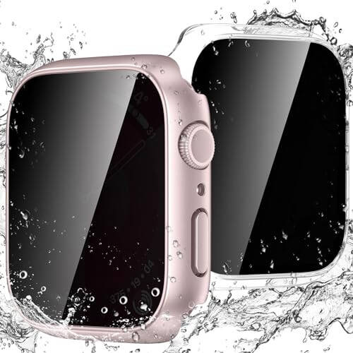 Goton Waterproof Privacy Case for Apple Watch Series 9 8 7 6 5 4 SE Ultra 40mm 44mm 41mm 45mm 49mm, Hard PC Bumper Tempered Glass Screen Protector for iWatch Cover Accessories, 41mm ClearPink - 2