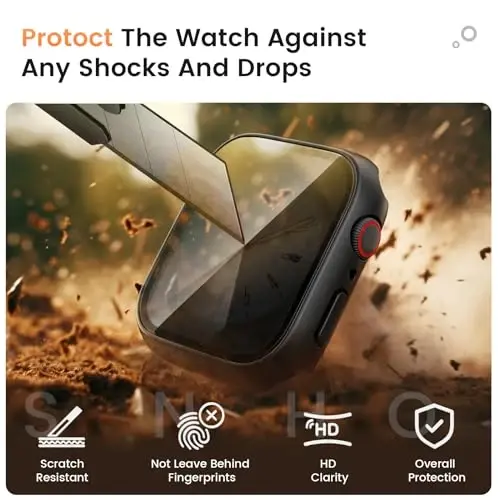 Goton Waterproof Privacy Case for Apple Watch Series 9 8 7 6 5 4 SE Ultra 40mm 44mm 41mm 45mm 49mm, Hard PC Bumper Tempered Glass Screen Protector for iWatch Cover Accessories, 44mm BlackBlack - 4