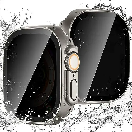Goton Waterproof Privacy Case for Apple Watch Ultra 2 2024 Ultra 2 Ultra 49mm, Hard PC Bumper Tempered Glass Screen Protector for iWatch Cover Accessories, 49mm TitaniumTitanium 