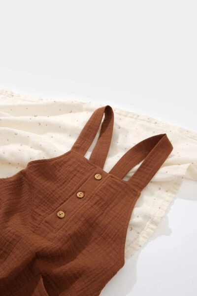 GOTS sertifikatli %100 organik paxta, Unisex chaqaloq muslin cho'ntakli salopet kombinezon - 3