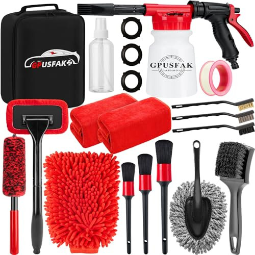 GPUSFAK 16Pcs Car Wash Cleaning Kit with Foam Gun Sprayer Detailing Brushes Windshield Cleaning Tool Rim and Tire Brush Towels Complete Interior Exterior Detailing Set for Car - GPUSFAK