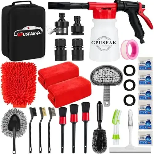 GPUSFAK 26Pcs Car Wash Cleaning Kit with Foam Gun Sprayer Detailing Brushes Window Water Scraper Tire Brush Towels Complete Interior Exterior Detailing Set for Car - GPUSFAK