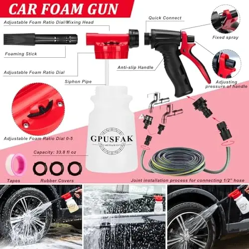 GPUSFAK 26Pcs Car Wash Cleaning Kit with Foam Gun Sprayer Detailing Brushes Window Water Scraper Tire Brush Towels Complete Interior Exterior Detailing Set for Car - 2