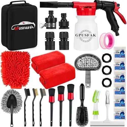 GPUSFAK 26Pcs Car Wash Cleaning Kit with Foam Gun Sprayer Detailing Brushes Window Water Scraper Tire Brush Towels Complete Interior Exterior Detailing Set for Car - GPUSFAK