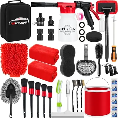 GPUSFAK 39Pcs Car Wash Cleaning Kit with Foam Gun Sprayer Detailing Brushes Collapsible Bucket Windshield Cleaning Tool Tire Brush Towels Complete Interior Exterior Detailing Set for Car 