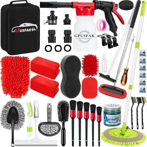 GPUSFAK 40Pcs Car Wash Cleaning Kit with Foam Gun Sprayer Detailing Brushes Wash Mop Windshield Cleaning Tool Tire Brush Towels Complete Interior Exterior Detailing Set for Car - 1