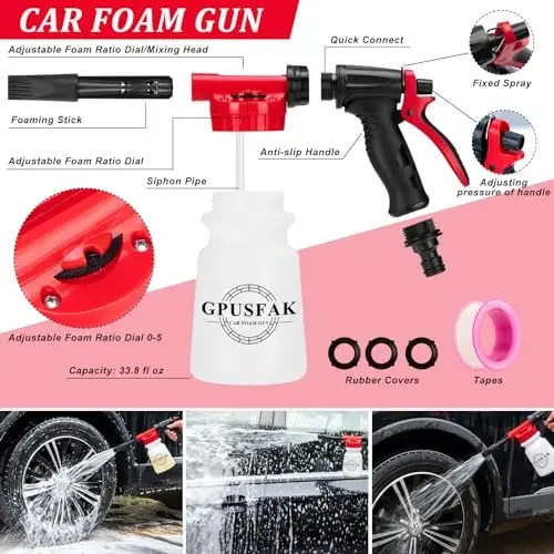 GPUSFAK 40Pcs Car Wash Cleaning Kit with Foam Gun Sprayer Detailing Brushes Wash Mop Windshield Cleaning Tool Tire Brush Towels Complete Interior Exterior Detailing Set for Car - 2