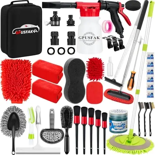 GPUSFAK 40Pcs Car Wash Cleaning Kit with Foam Gun Sprayer Detailing Brushes Wash Mop Windshield Cleaning Tool Tire Brush Towels Complete Interior Exterior Detailing Set for Car 