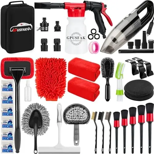 GPUSFAK 42Pcs Car Wash Cleaning Kit with Foam Gun Sprayer Detailing Brushes Car Vacuum Windshield Cleaning Tool Tire Brush Towels Complete Interior Exterior Detailing Set for Car 
