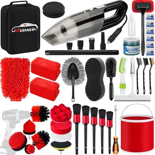 GPUSFAK 44Pcs Avtomobil yuvish tozalash to'plami, Avtomobil changyutgich matkap cho'tkasi to'plami, Yig'iladigan chelak, Oyna tozalash vositasi, G'ildirak cho'tkasi Sochiqlar Avtomobil uchun ichki tashqi detallarni to'ldirish to'plami - GPUSFAK