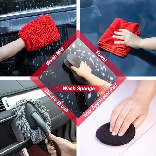 GPUSFAK 44Pcs Avtomobil yuvish tozalash to'plami, Avtomobil changyutgich matkap cho'tkasi to'plami, Yig'iladigan chelak, Oyna tozalash vositasi, G'ildirak cho'tkasi Sochiqlar Avtomobil uchun ichki tashqi detallarni to'ldirish to'plami - 7