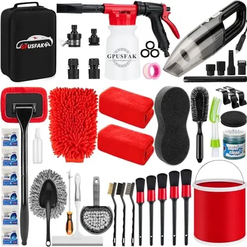 GPUSFAK 46Pcs Car Wash Cleaning Kit with Foam Gun Sprayer Detailing Brushes Car Vacuum Collapsible Bucket Windshield Cleaning Tool Tire Brush Towels Complete Interior Exterior Detailing Set for Car - 1