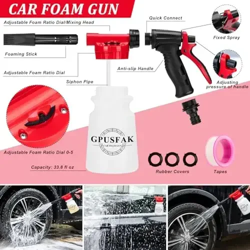 GPUSFAK 46Pcs Car Wash Cleaning Kit with Foam Gun Sprayer Detailing Brushes Car Vacuum Collapsible Bucket Windshield Cleaning Tool Tire Brush Towels Complete Interior Exterior Detailing Set for Car - 4