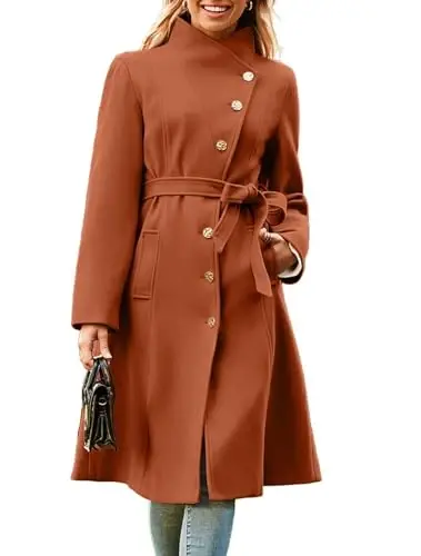 GRACE KARIN Womens Winter Coat 2024 Fall Casual Notch Lapel Single Breasted Belted Midi Peacoat with Pockets - 5
