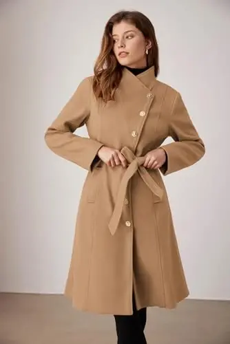 GRACE KARIN Womens Winter Coat 2024 Fall Casual Notch Lapel Single Breasted Belted Midi Peacoat with Pockets - 5