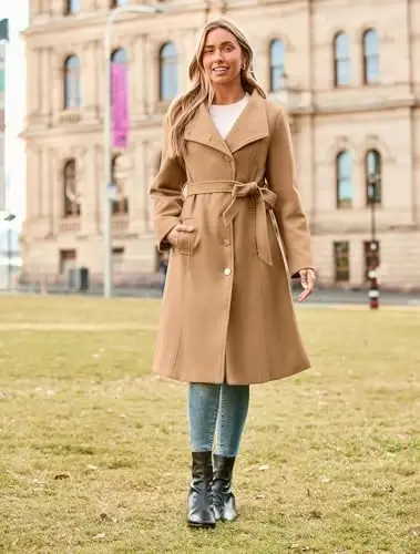 GRACE KARIN Womens Winter Coat 2024 Fall Casual Notch Lapel Single Breasted Belted Midi Peacoat with Pockets - GRACE KARIN (1)