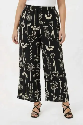 Grafik Desenli Kadın Büyük Beden Pantolon Siyah - 1