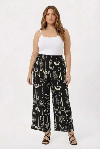 Grafik Desenli Kadın Büyük Beden Pantolon Siyah - 2